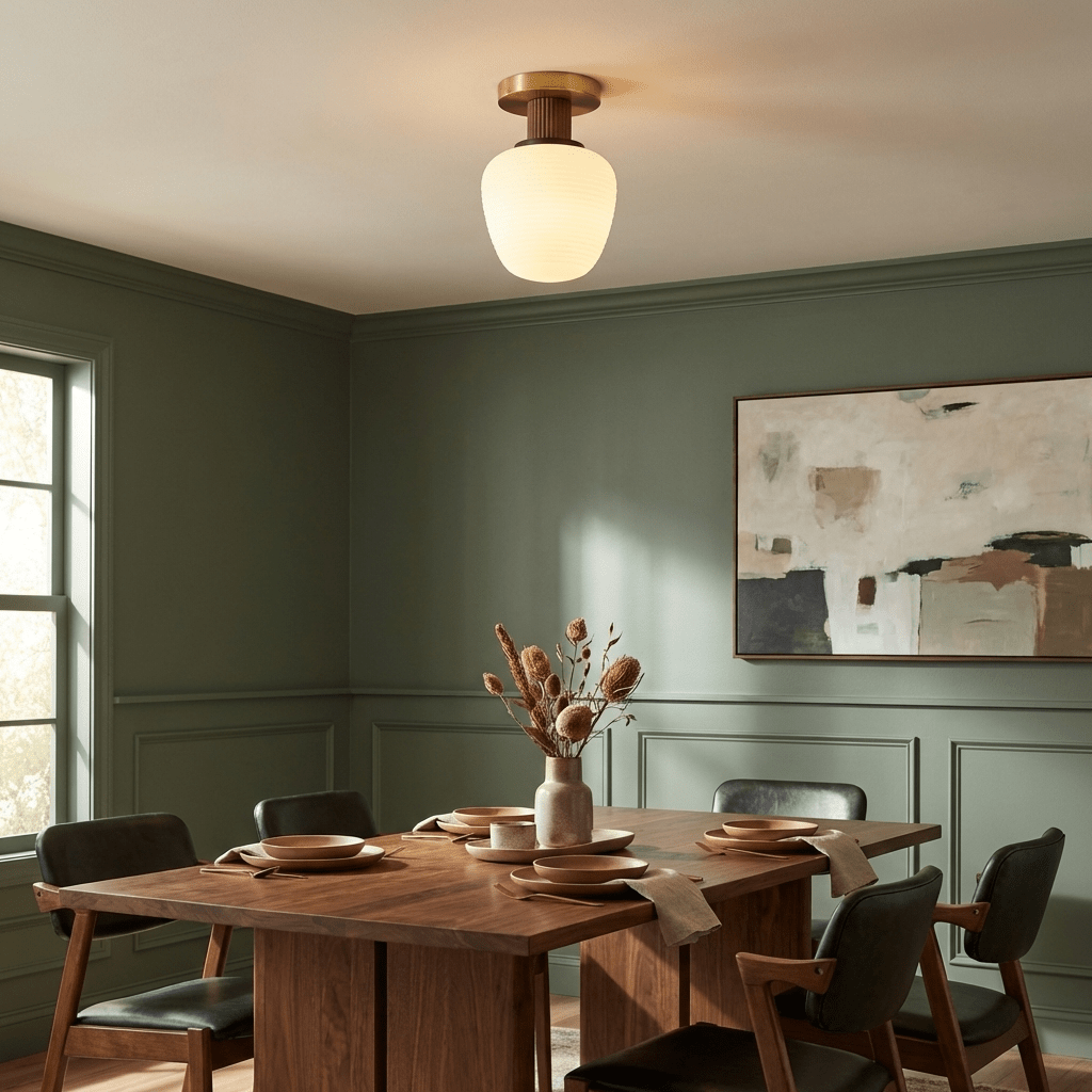 Antony Flush Mount Ceiling Light in Opal Glass and Walnut