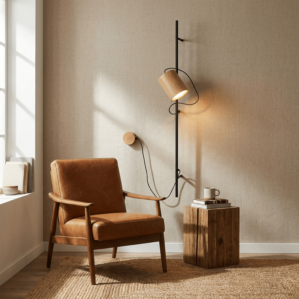 Arbor Beam Wall Sconce with Natural Wood Shade and Black Metal Accent