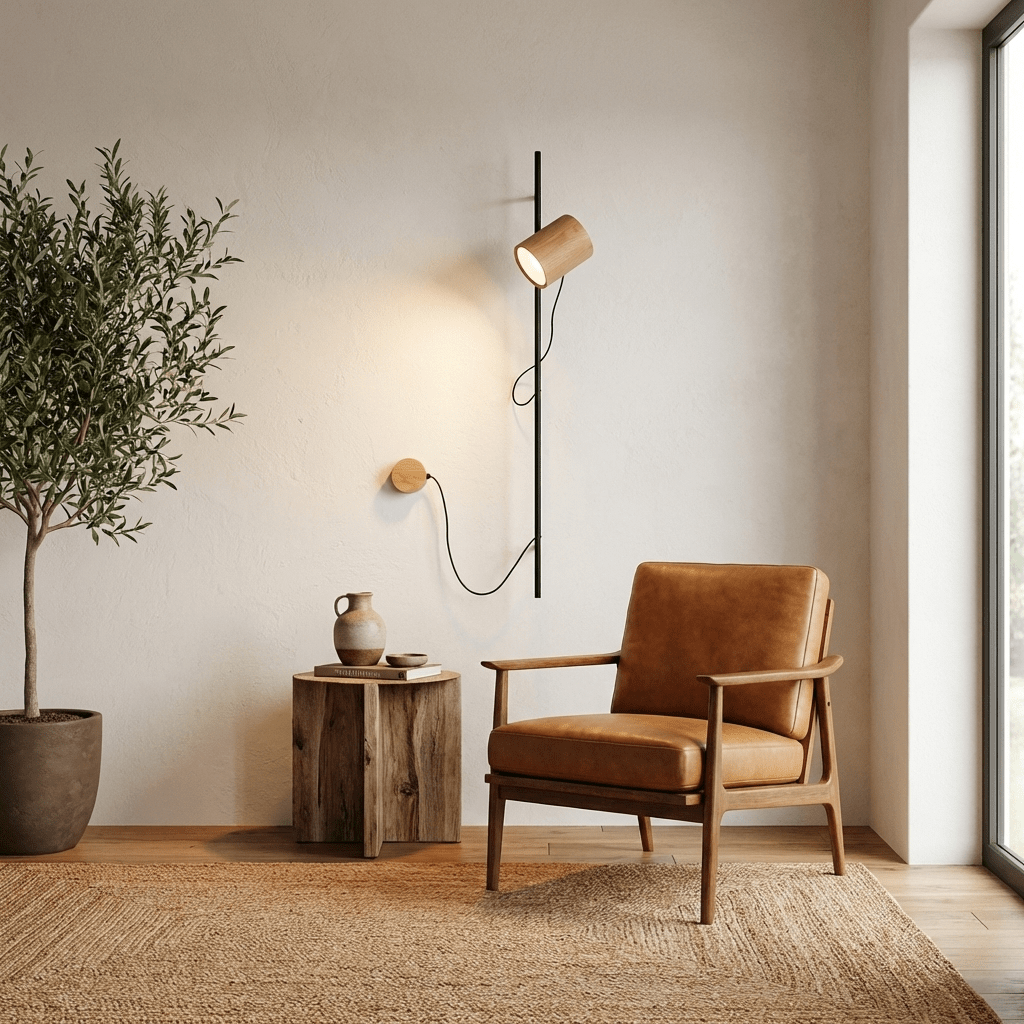 Arbor Beam Wall Sconce with Natural Wood Shade and Black Metal Accent
