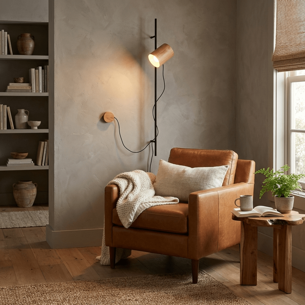 Arbor Beam Wall Sconce with Natural Wood Shade and Black Metal Accent
