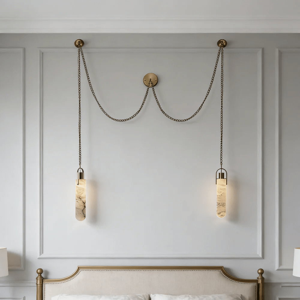 Cascading Alabaster Tube Chandelier in Antique Brass
