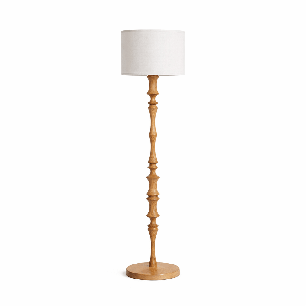 Elowen Sculpted Wood Floor Lamp with Fabric Shade for Living Room & Bedroom