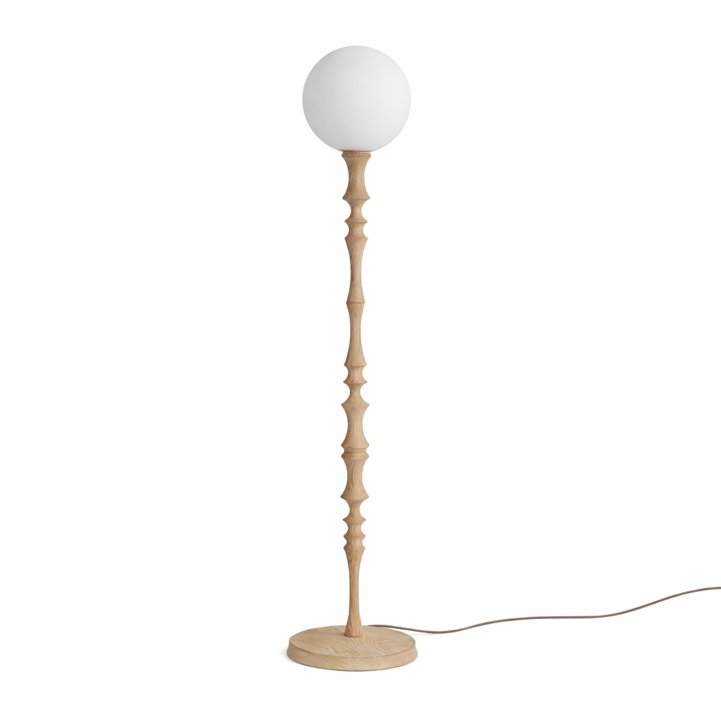 Elowen Sculpted Wood Floor Lamp with Fabric Shade for Living Room & Bedroom