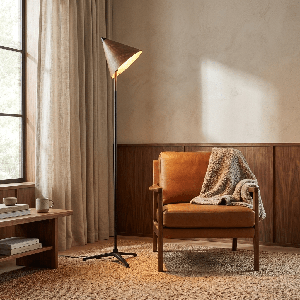 Vero Sculptural Wood Floor Lamp with Tripod Base