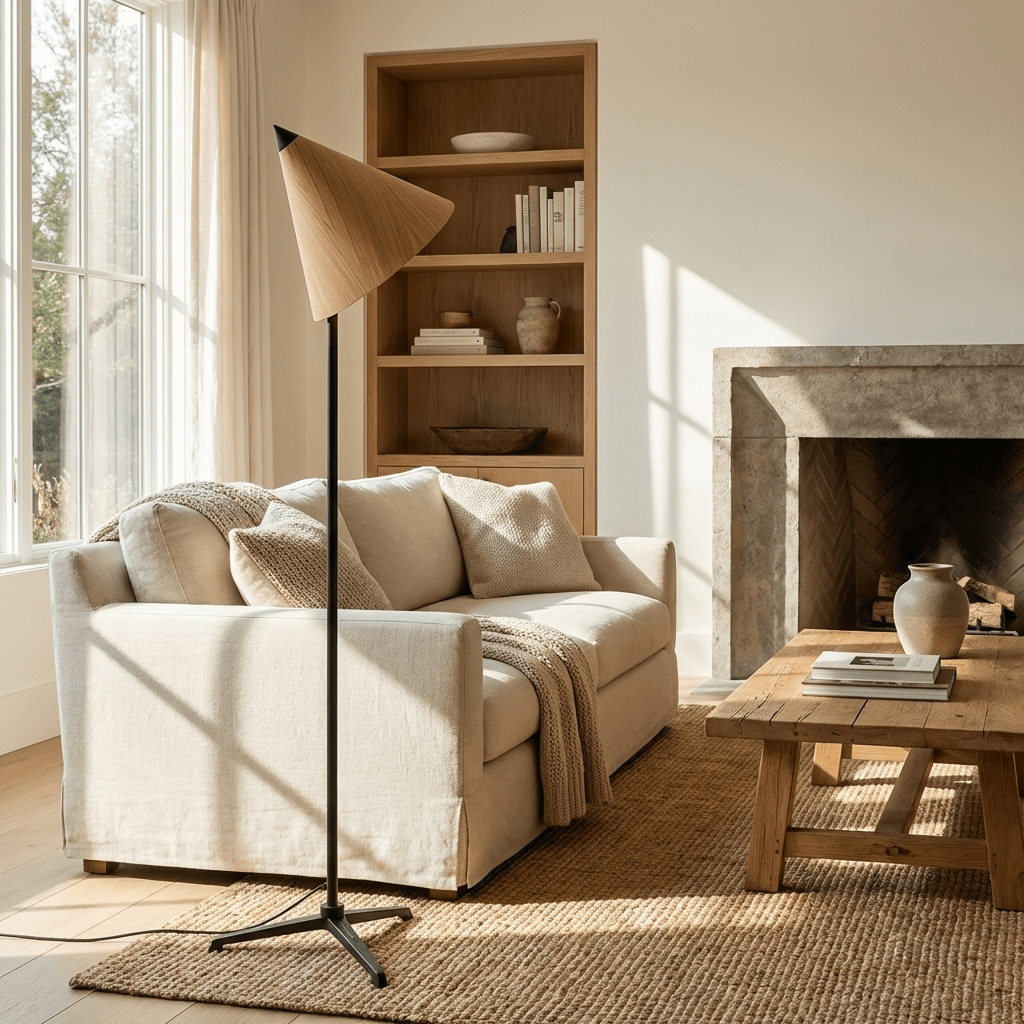 Vero Sculptural Wood Floor Lamp with Tripod Base
