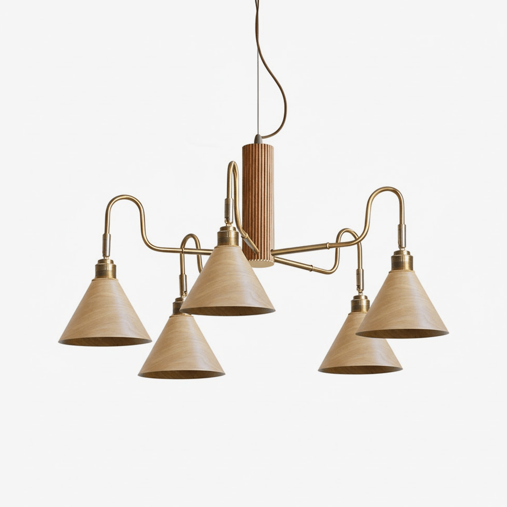 Bravik Wood Chandelier – Modern Brass & Wood Pendant Light