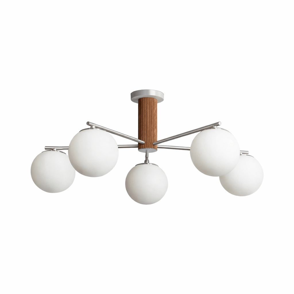 Solvyn Globe Chandelier – Modern Brass & Wood Five-Light Pendant