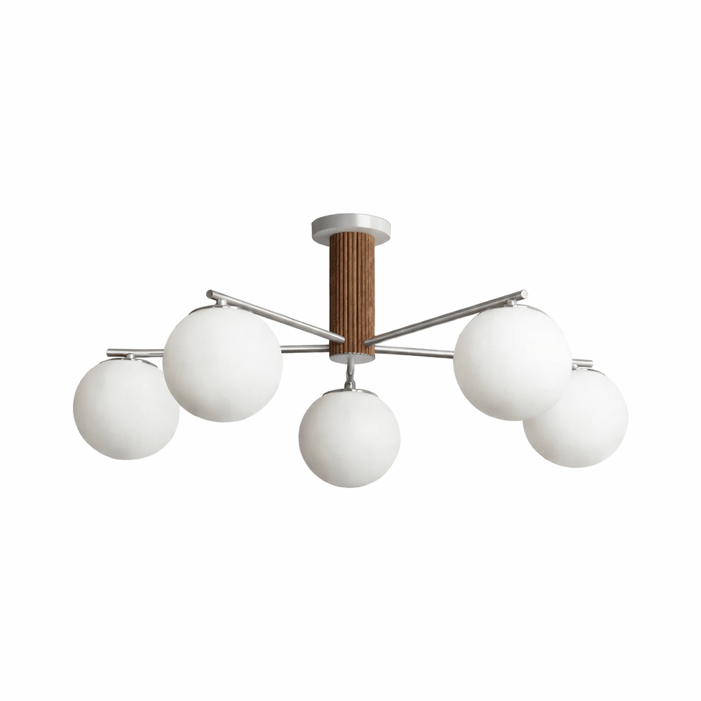 Solvyn Globe Chandelier – Modern Brass & Wood Five-Light Pendant