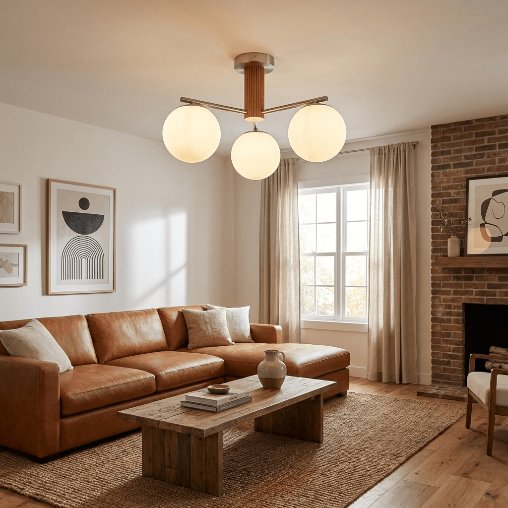 Solvyn Globe Chandelier – Modern Brass & Wood Five-Light Pendant