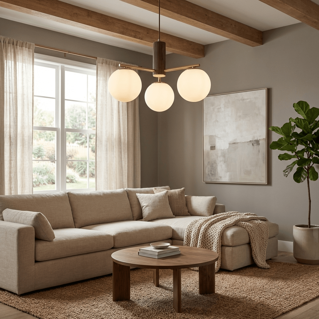 Solvyn Globe Chandelier – Modern Brass & Wood Five-Light Pendant