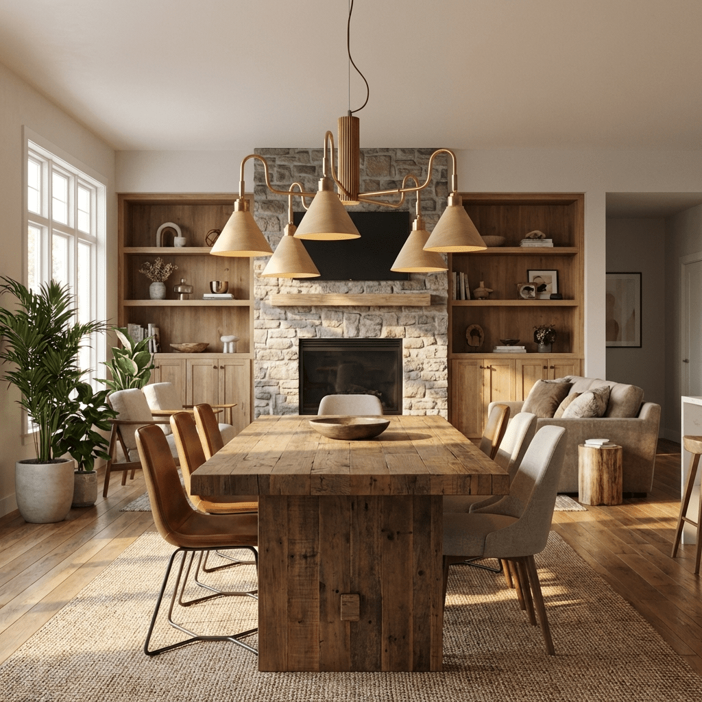 Bravik Wood Chandelier – Modern Brass & Wood Pendant Light