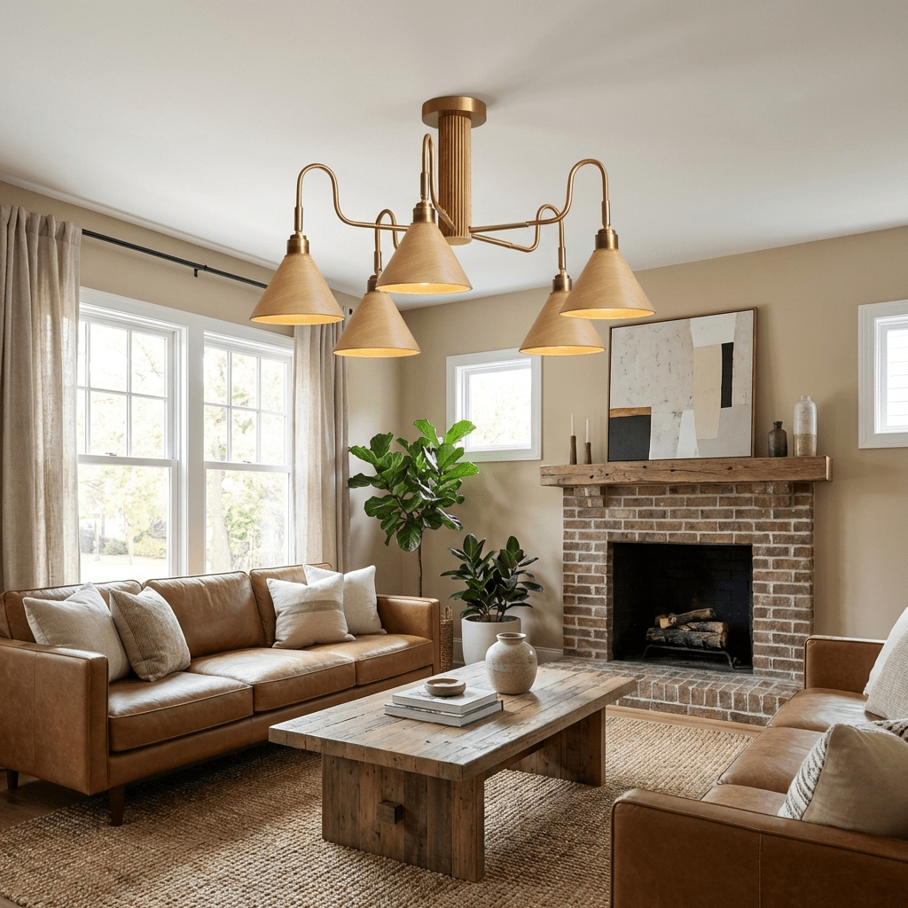 Bravik Wood Chandelier – Modern Brass & Wood Pendant Light