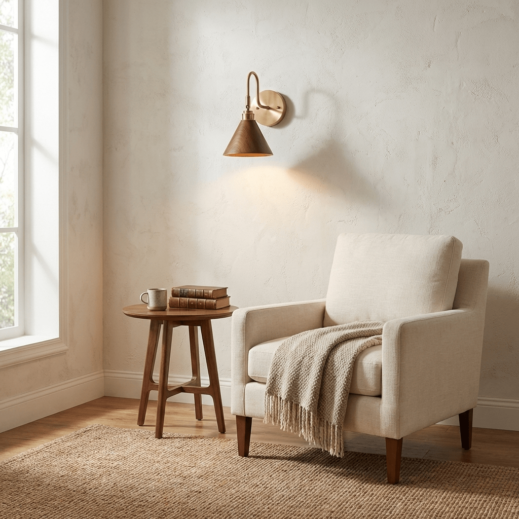 Alver Wood Wall Sconce with Brass Arm – Modern Natural Lighting