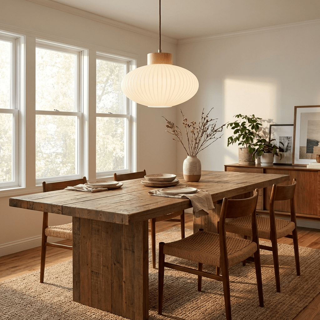 Rivena Glass Pendant Light with Wood Accent – Modern Ambient Lighting for Dining & Living Spaces