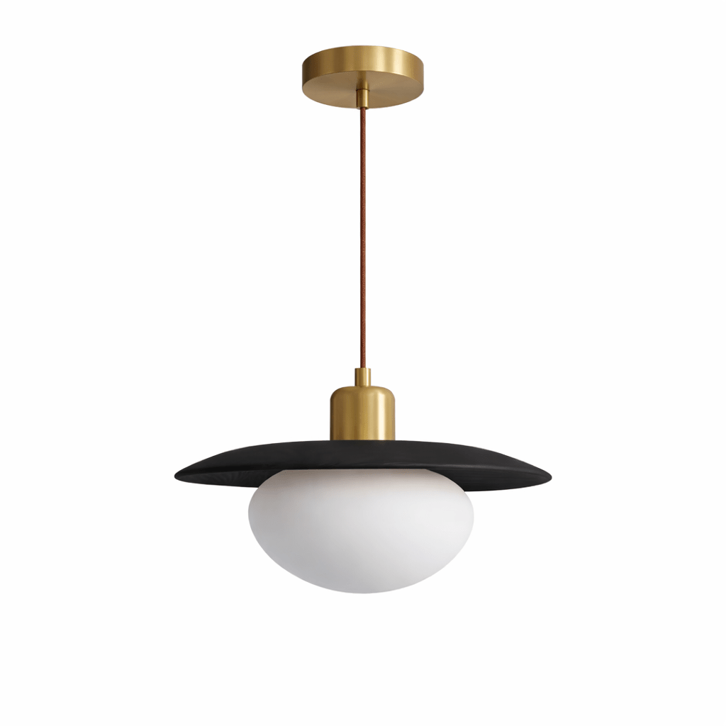Solmere Wood Pendant Light with Frosted Glass Globe and Brass Canopy