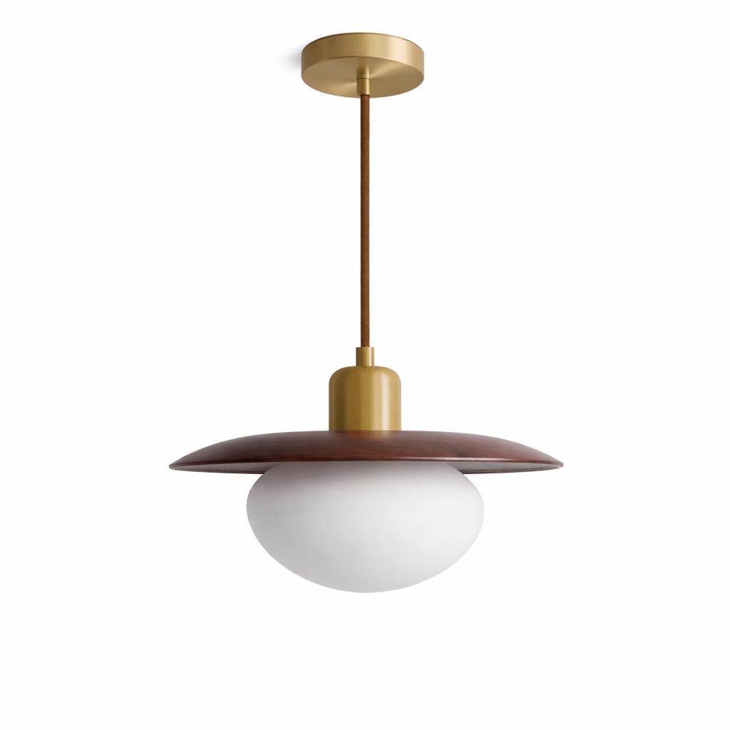 Solmere Wood Pendant Light with Frosted Glass Globe and Brass Canopy