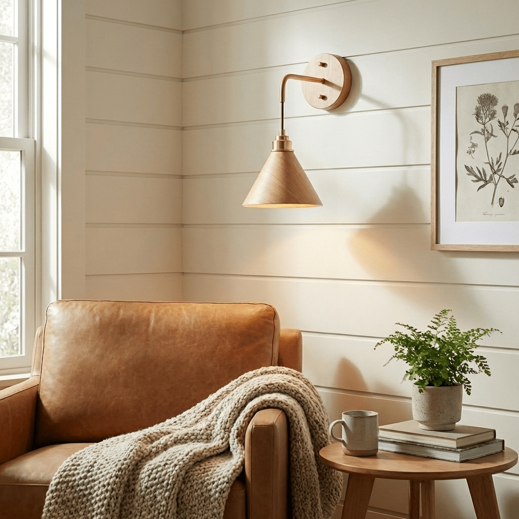 Norvyn Wood Drop Wall Sconce in Brass and Natural Wood