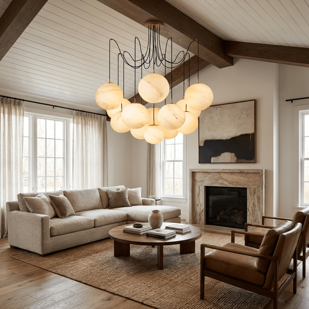 Celestara Alabaster Orb Chandelier — Oversized Brass Pendant Light