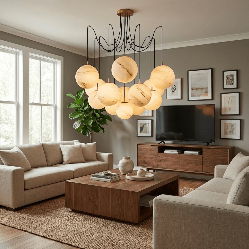 Celestara Alabaster Orb Chandelier — Oversized Brass Pendant Light