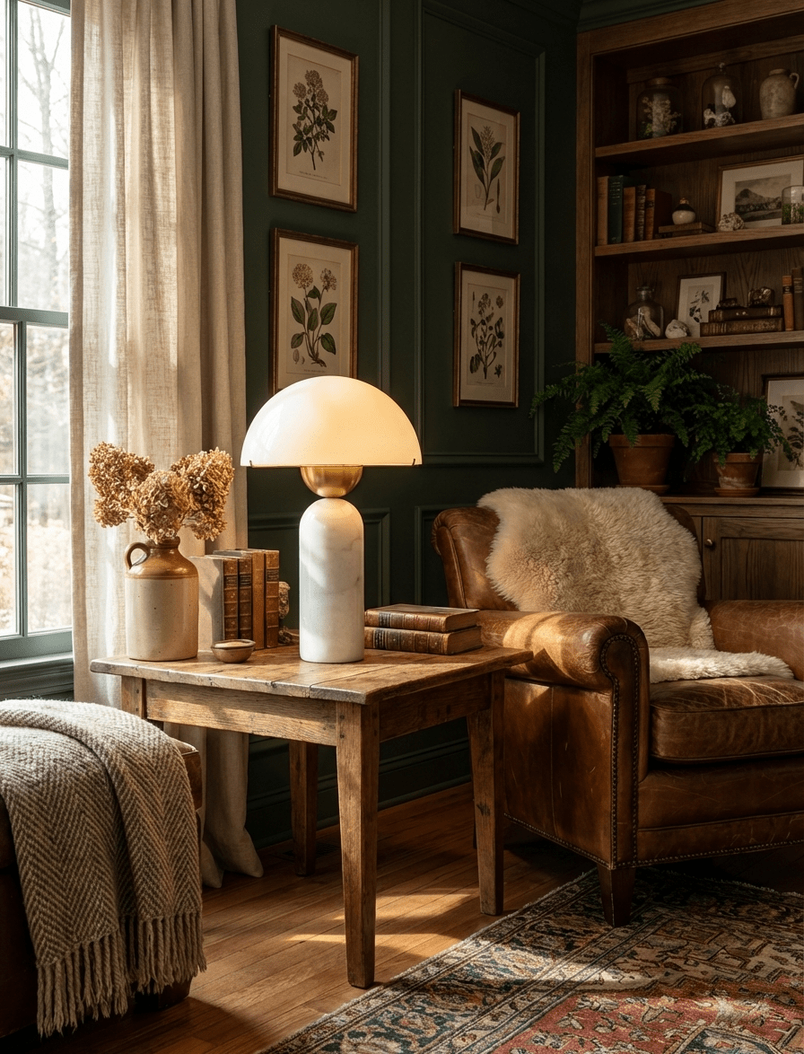 Dome Mushroom Table Lamp with Marble Base and Gold Accents