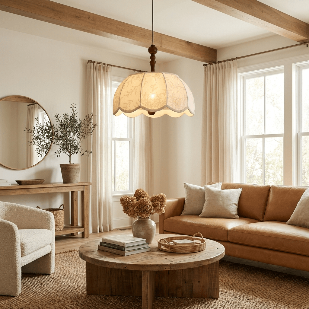 Elowen Blossom Lantern Pendant Light – Fabric Shade with Wood Accents