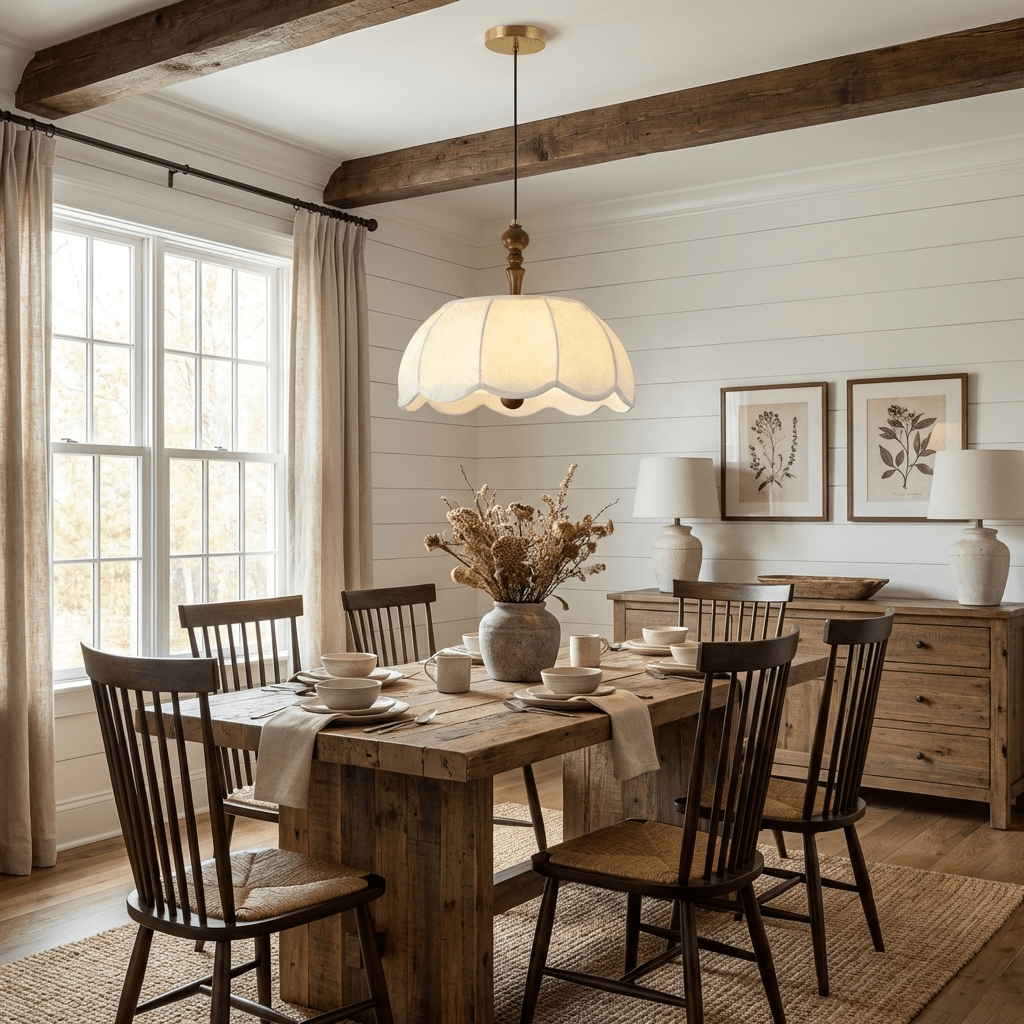 Elowen Blossom Lantern Pendant Light – Fabric Shade with Wood Accents