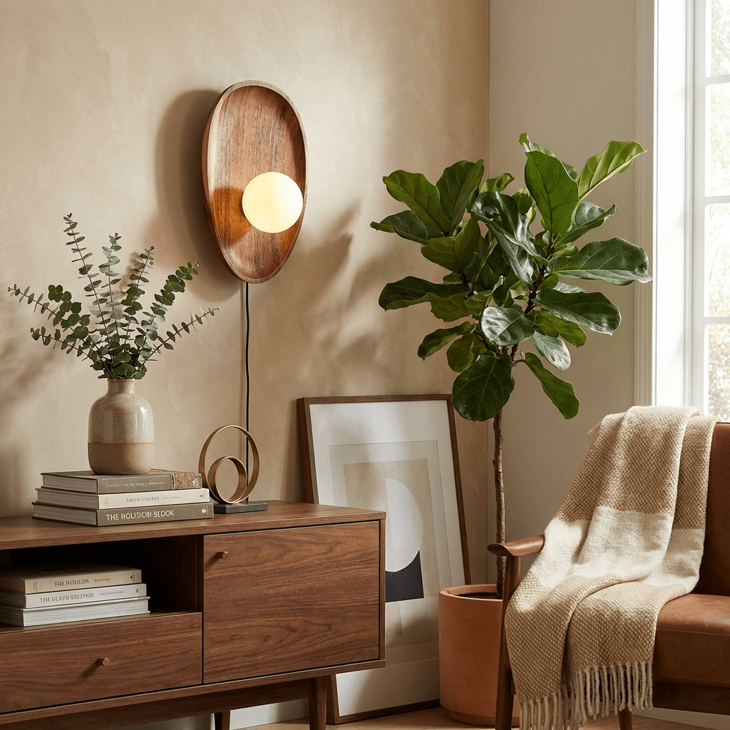 Eivor Plug-in Wall Sconce in Natural Walnut Wood and Glass