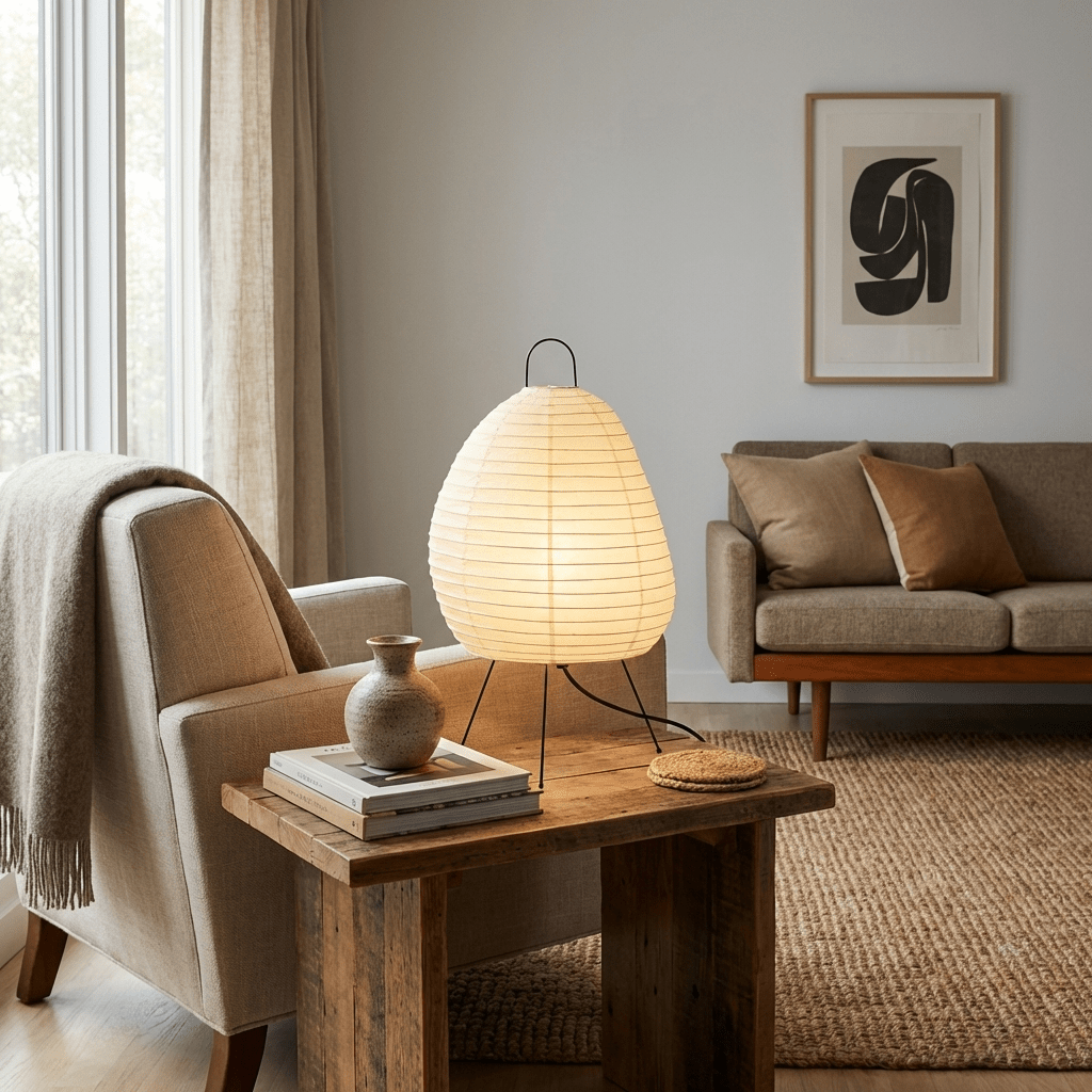 Komi Paper Table Lamp – Organic Minimalist Washi Shade with Black Iron Base
