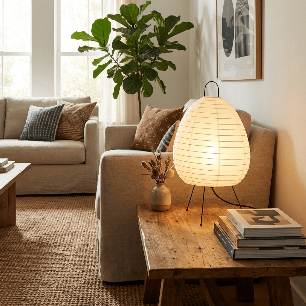 Komi Paper Table Lamp – Organic Minimalist Washi Shade with Black Iron Base