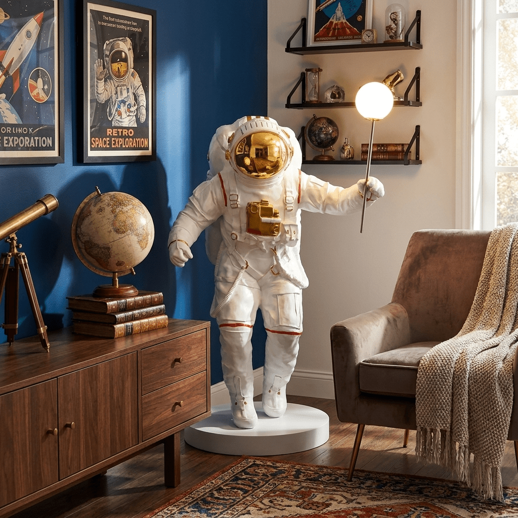 Astronaut Sculpture Floor Lamp with Glowing Orb for Modern Interiors