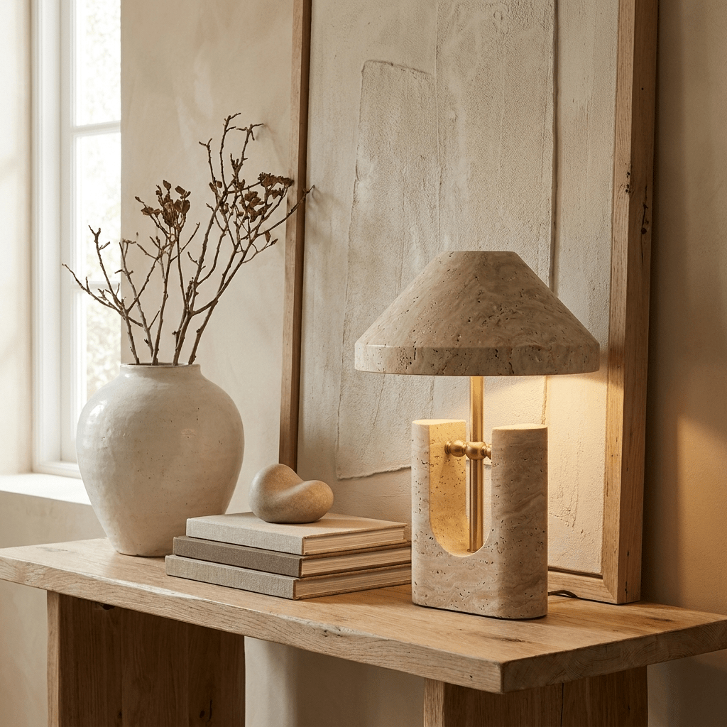 Solvra Sculptural Travertine Table Lamp with Brass Accents