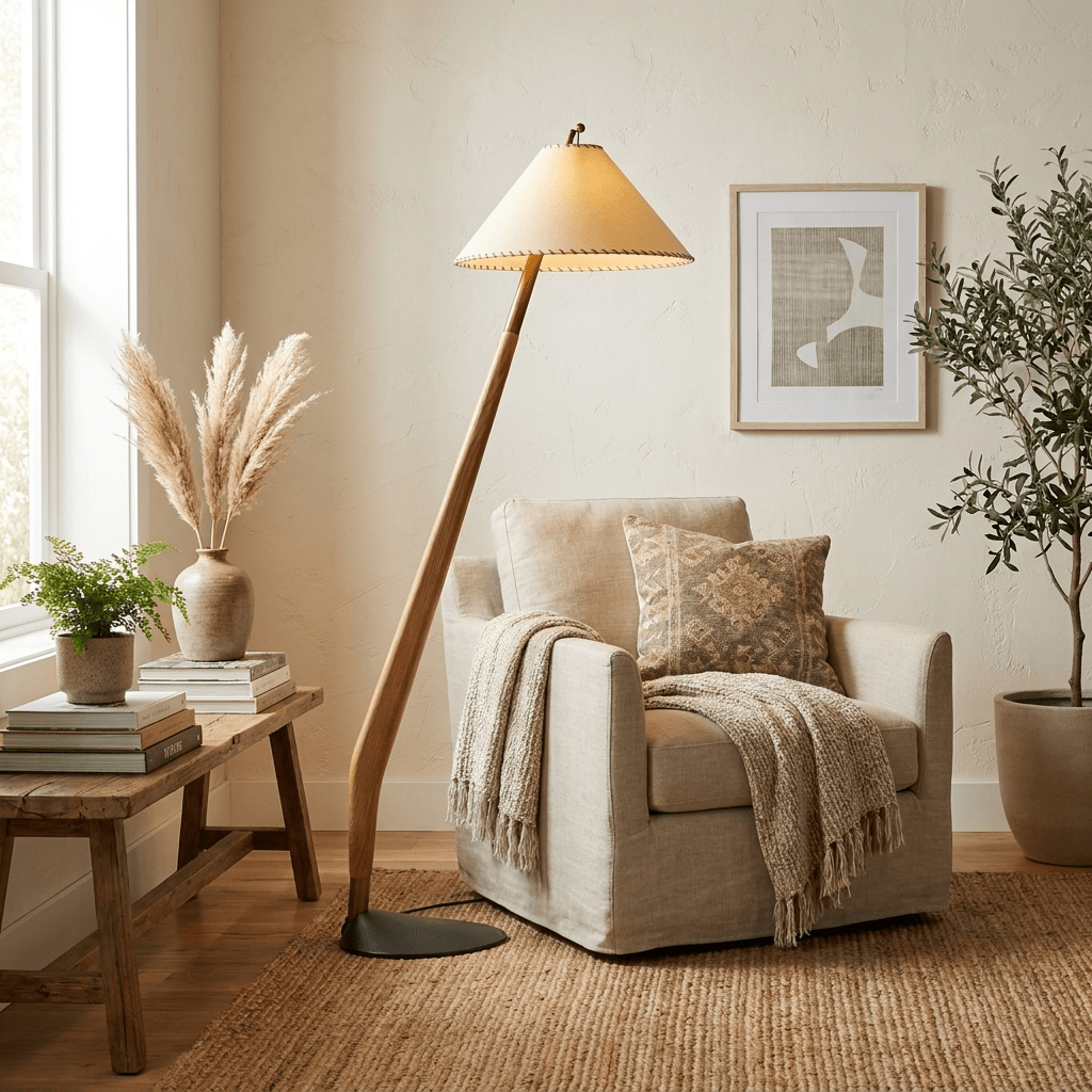 Driftwood Tilt Floor Lamp – Natural Wood & Fabric Shade, Modern Floor Light