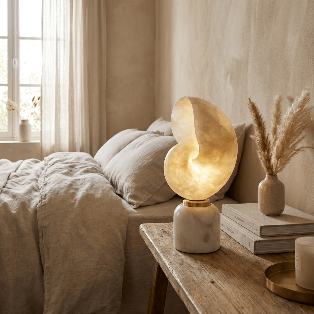 Lumora Shell Table Lamp in Alabaster and Brass by