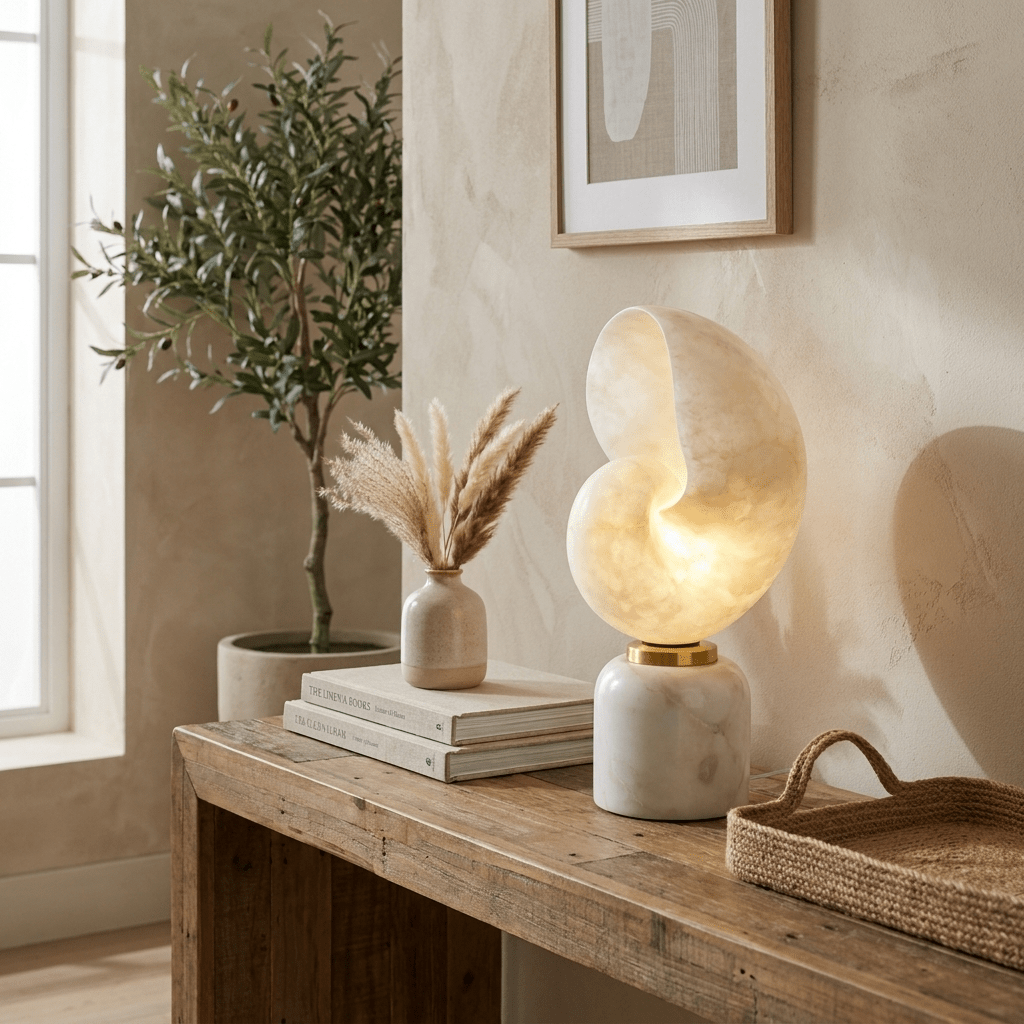 Lumora Shell Table Lamp in Alabaster and Brass by
