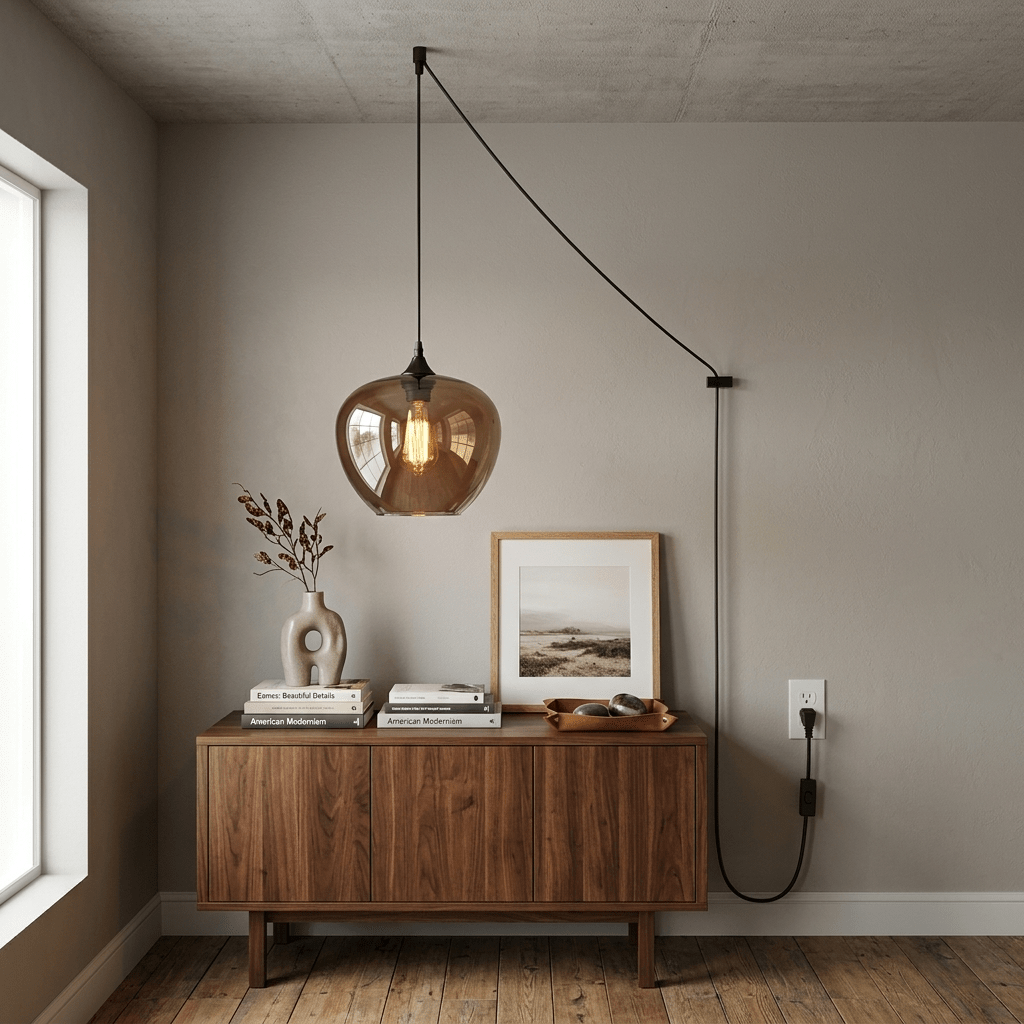 Smoked Glass Swag Pendant Light with Black Metal Accent