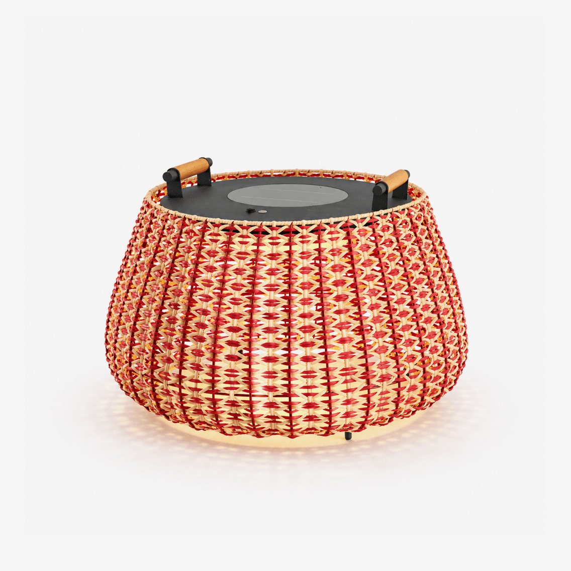 Solara Weave Solar-Powered Outdoor Lantern with Woven Red Shade