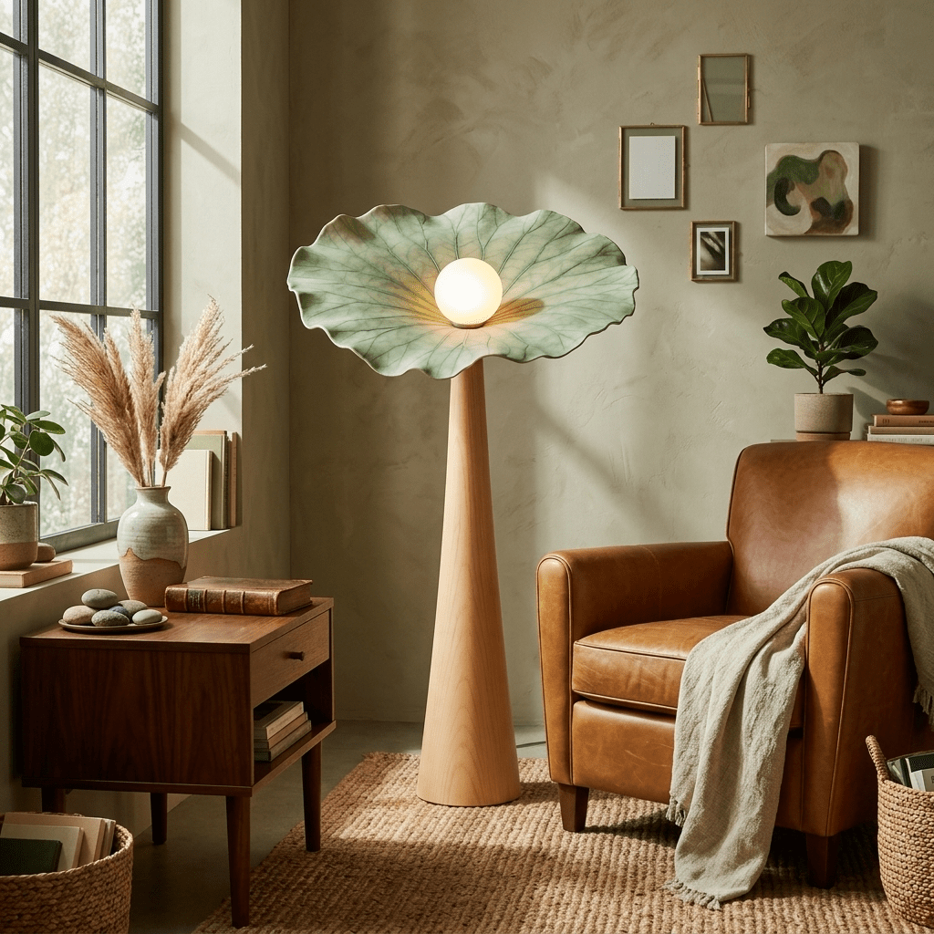 Lotus Veil Woodgrain Floor Lamp – Sculptural Designer Lighting for Modern Interiors