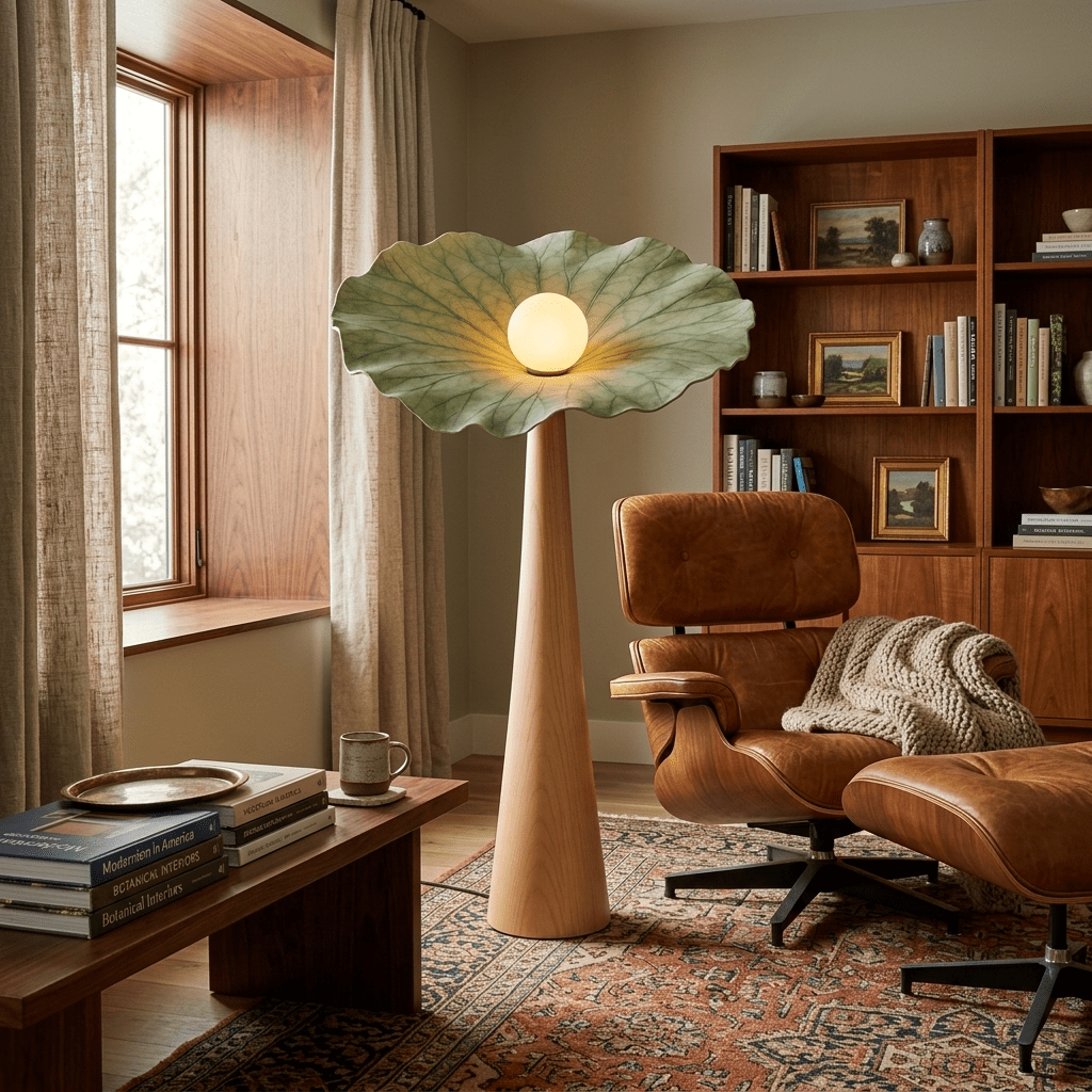 Lotus Veil Woodgrain Floor Lamp – Sculptural Designer Lighting for Modern Interiors