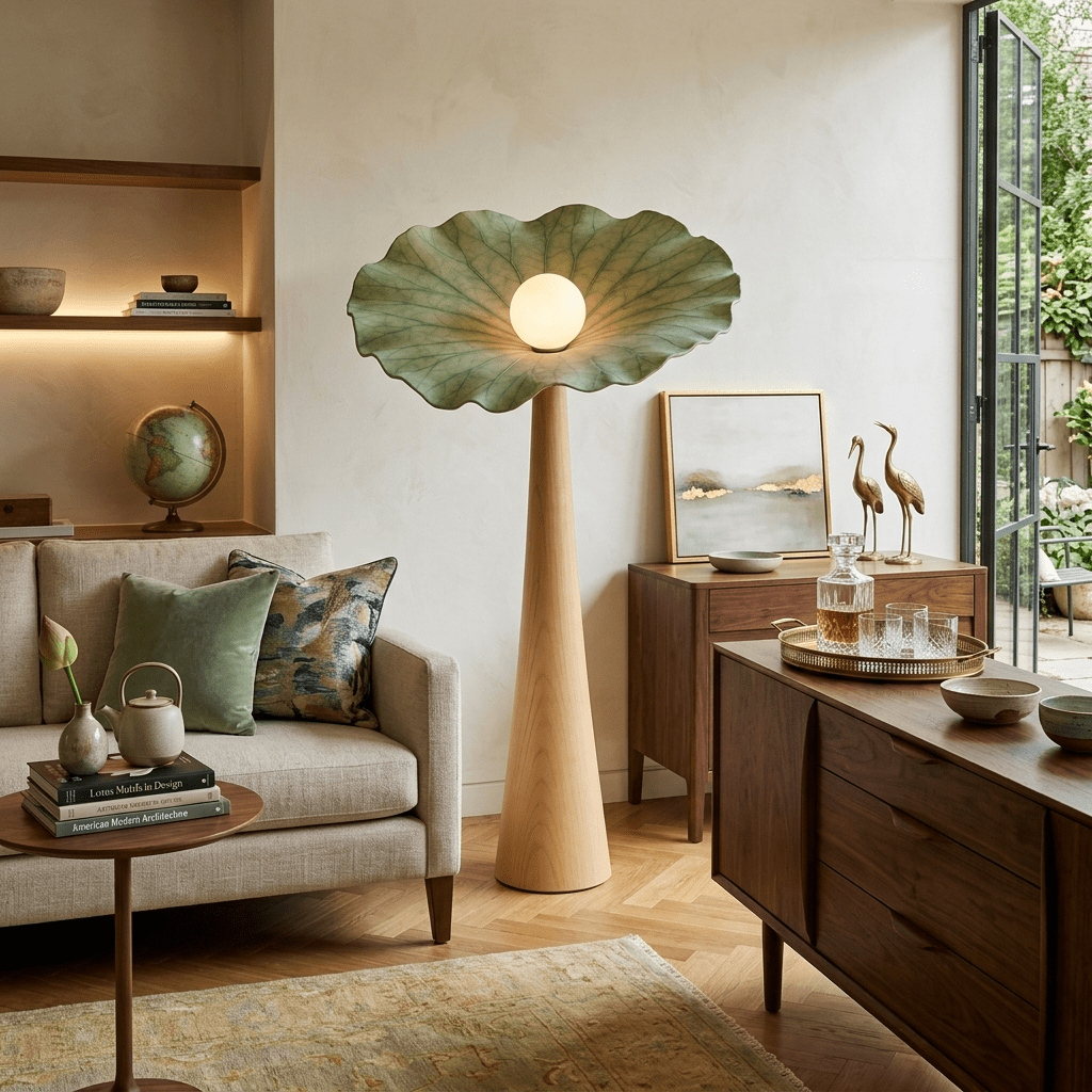 Lotus Veil Woodgrain Floor Lamp – Sculptural Designer Lighting for Modern Interiors