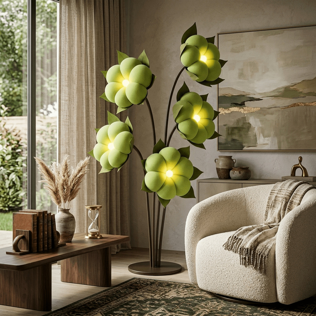 Green Blossom Floor Lamp – Sculptural Sage Bloom with Matte Black Stems