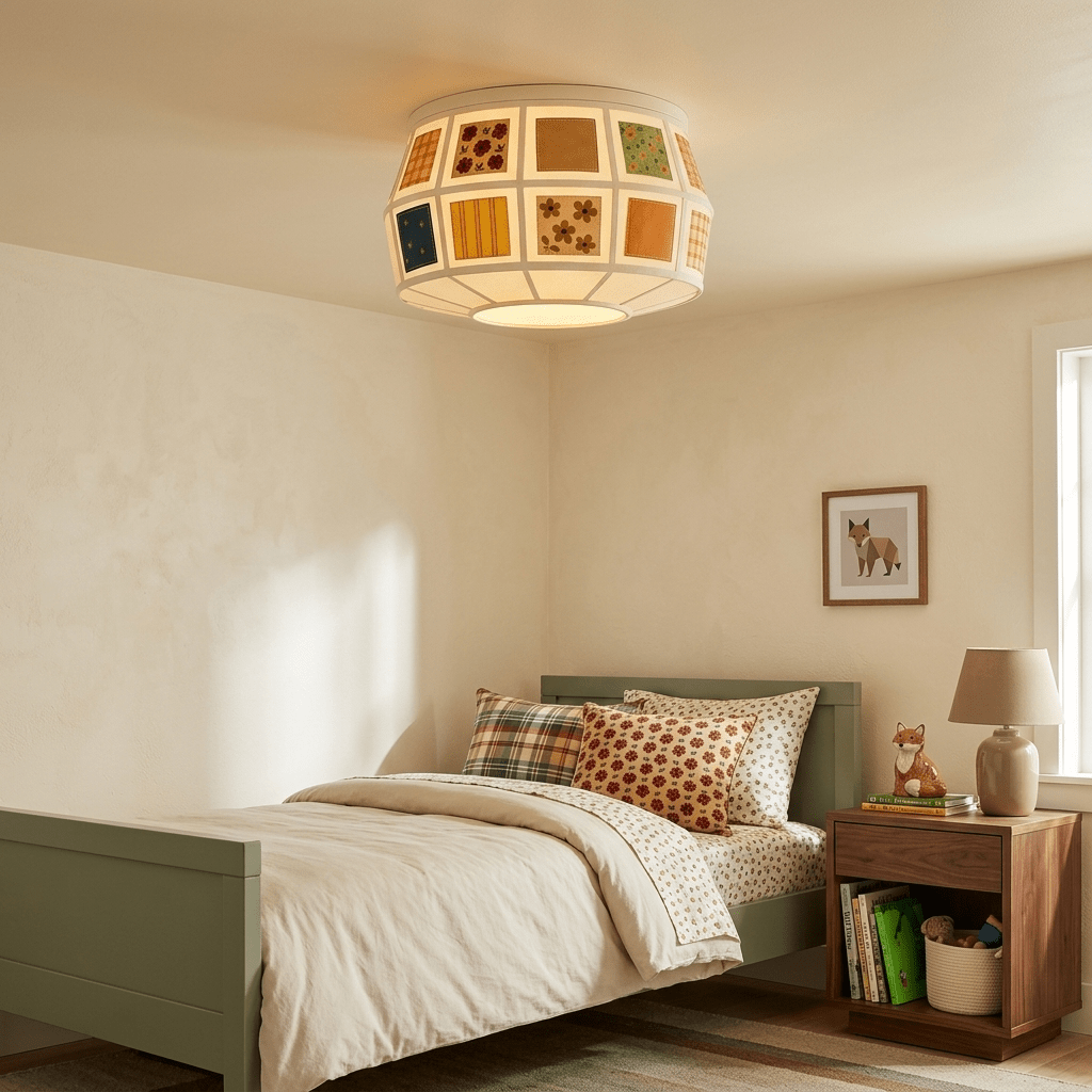 Patchwork Quilt Fabric Drum Ceiling Light for Bedroom and Living Room