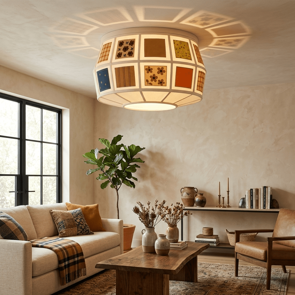 Patchwork Quilt Fabric Drum Ceiling Light for Bedroom and Living Room