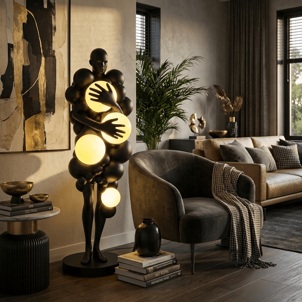 Nocturne Bloom Sculptural Floor Lamp, Matte Black Fiberglass with Glowing Orbs