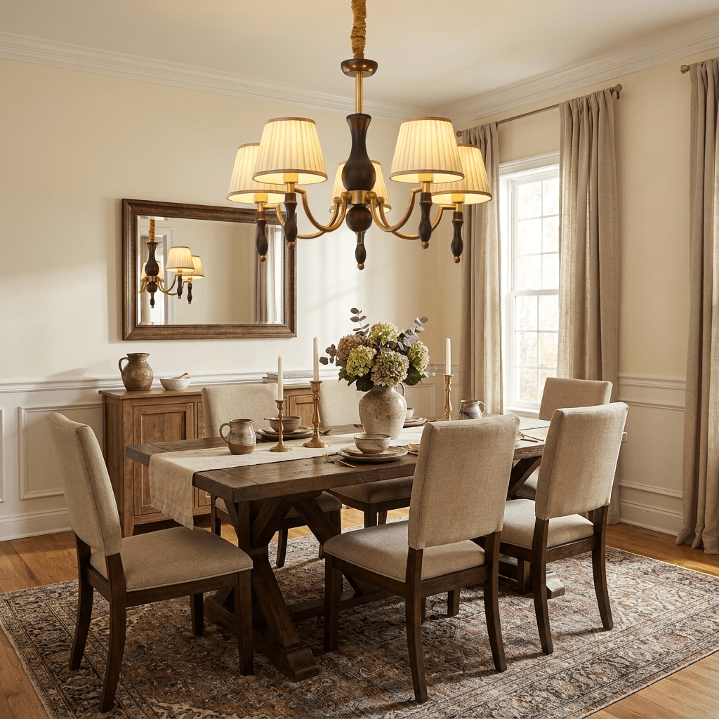 Majestic Veil Chandelier — Pleated Fabric Shades, Walnut & Brass, 3/5/8-Light