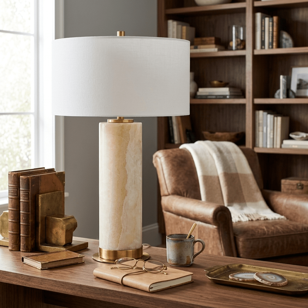 Vesper Onyx Table Lamp — Honey Onyx Column with Linen Shade