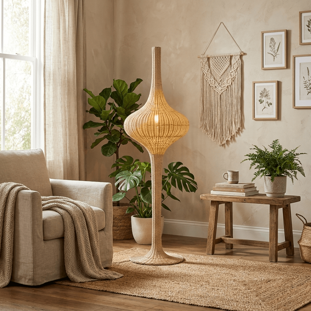 Onion Handwoven Rattan Floor Lamp – Sculptural Natural Fiber Lighting for Living Room & Bedroom