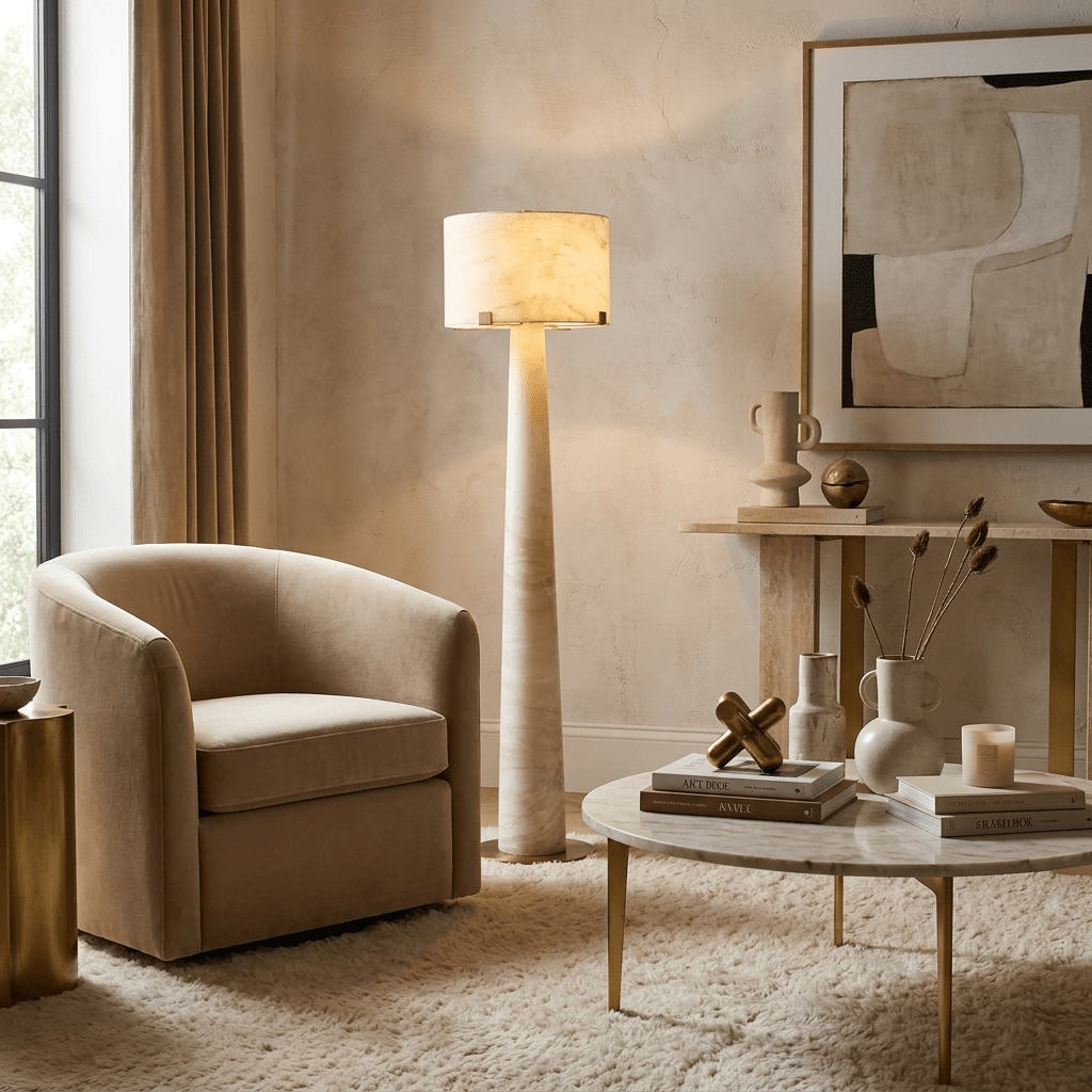 Aterion Alabaster Floor Lamp – Solid Stone & Brass Standing Light