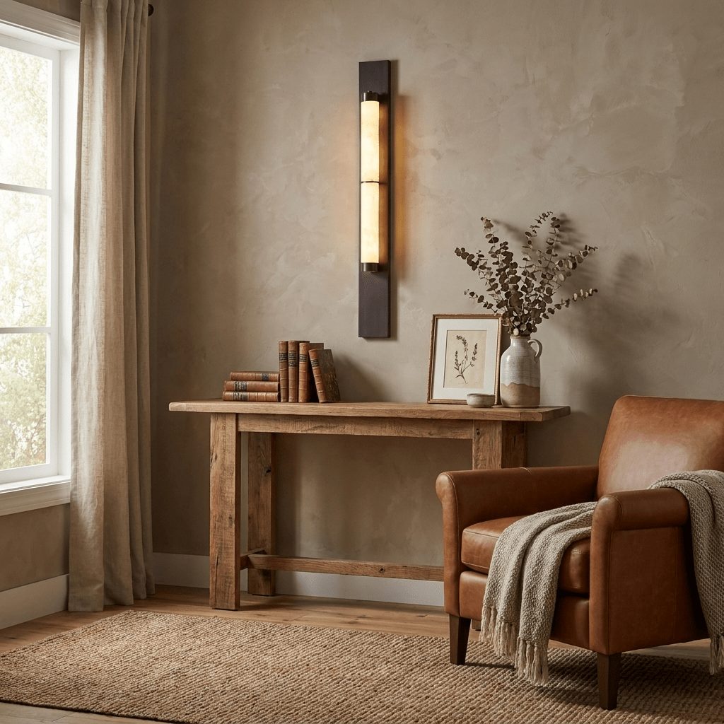 Columnar Alabaster Wall Sconce in Bronze Brass