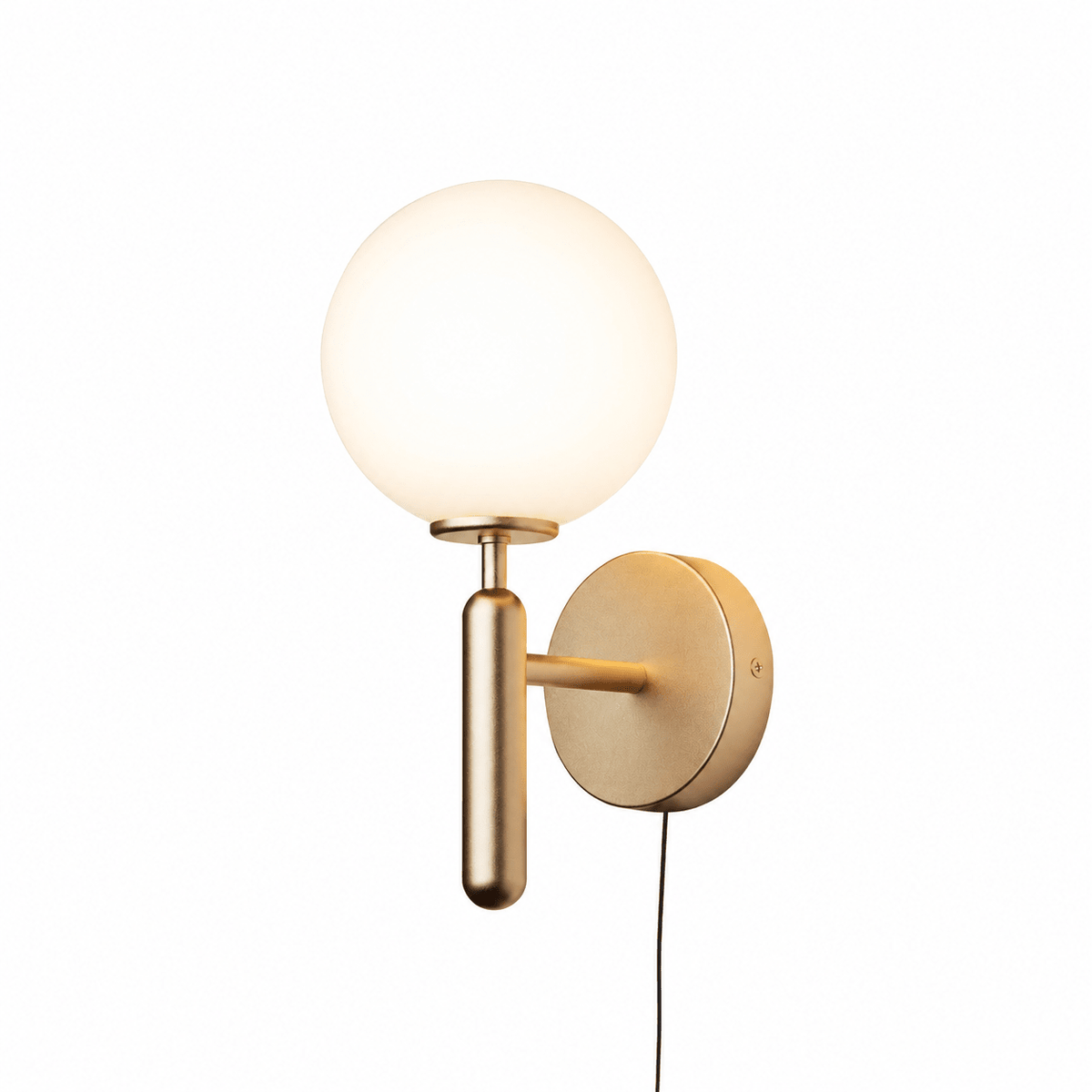 Nordica Plug-In Wall Sconce in Brass and Glass, Modern Nordic Bedroom Lamp