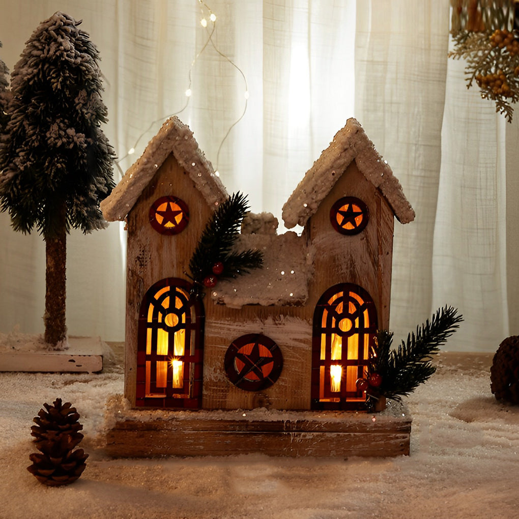 Artisan Wooden Christmas Village Houses with Warm Glow